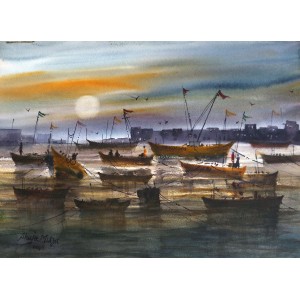 Shuja Mirza, 11 x 15 Inch, Water Color on Paper, Seascape Painting, AC-SJM-004